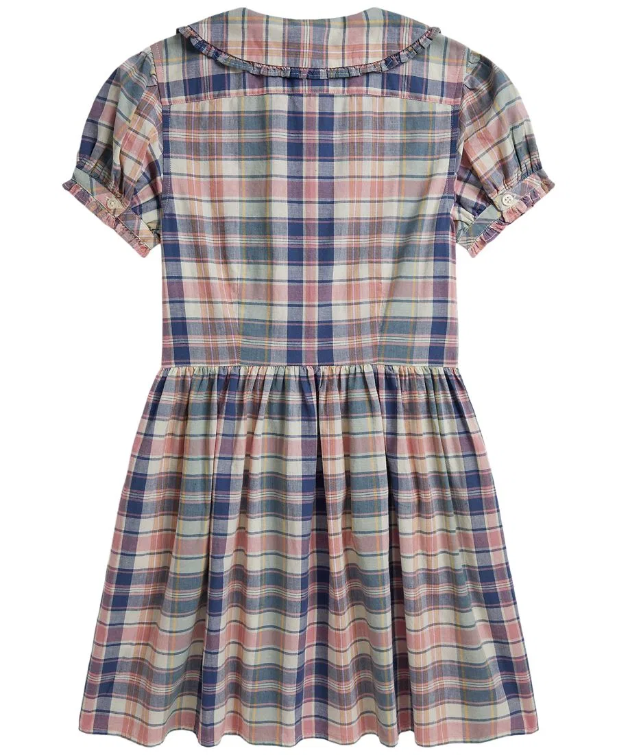 Платье с коротким рукавом, принт в клетку, модель Girls' 7-16 Short-Sleeve Dress Shirt Polo Ralph Lauren, Earth Blue/Pink — фото 2