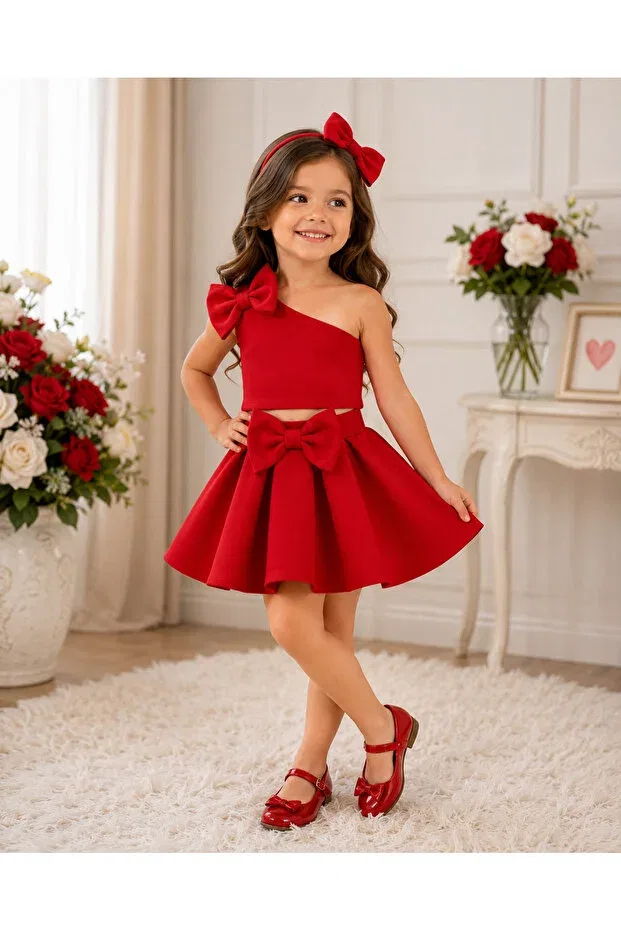 Детский комплект для девочек с открытым плечом Tunay Moda, Red