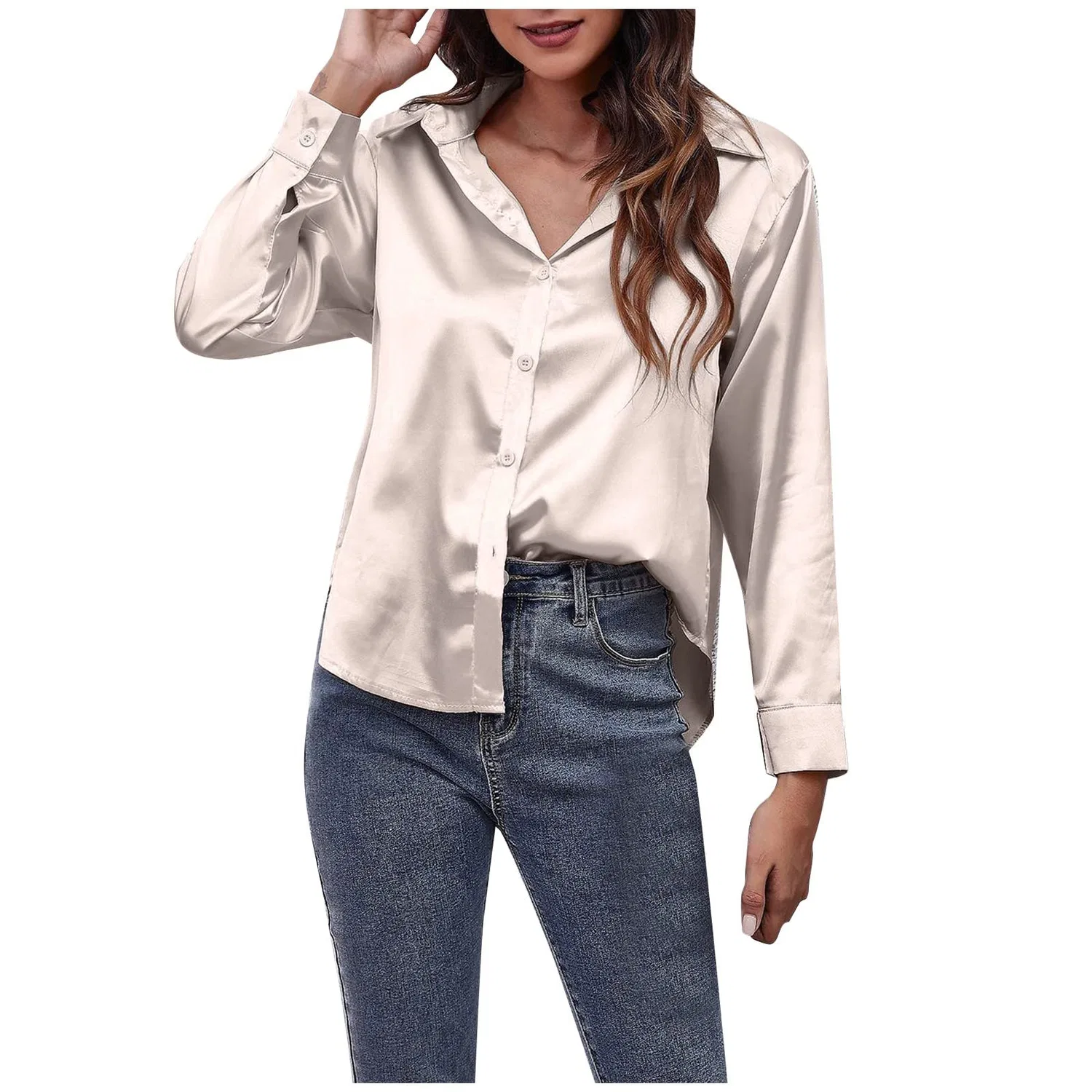 Женская блузка из атласа с длинным рукавом V-образным вырезом, Beige-b