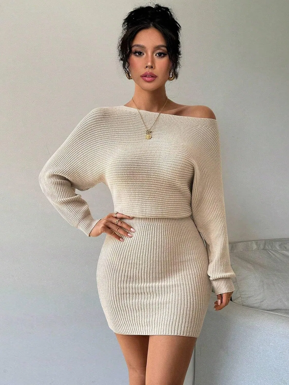 Женское платье-свитер с асимметричным вырезом Casual Fall, Apricot — фото 2