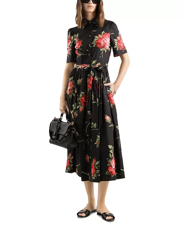 Женское платье с принтом Rose Bouquet Print Poplin Shirt Dress Dolce & Gabbana, Black Print