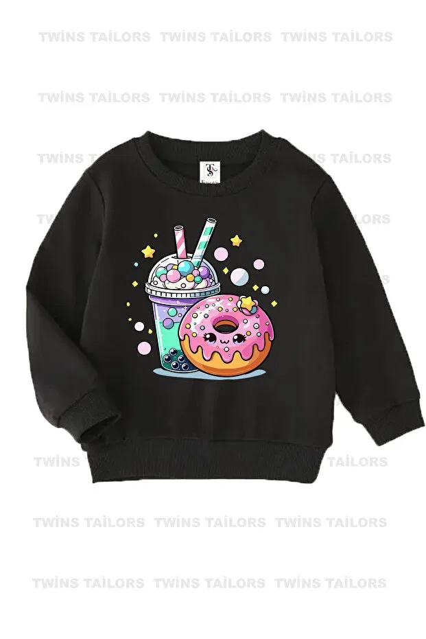 Детские свитшот для девочек с принтом Fleece inside heart printed grey-black triple crew neck Twins Tailors, Black — фото 2