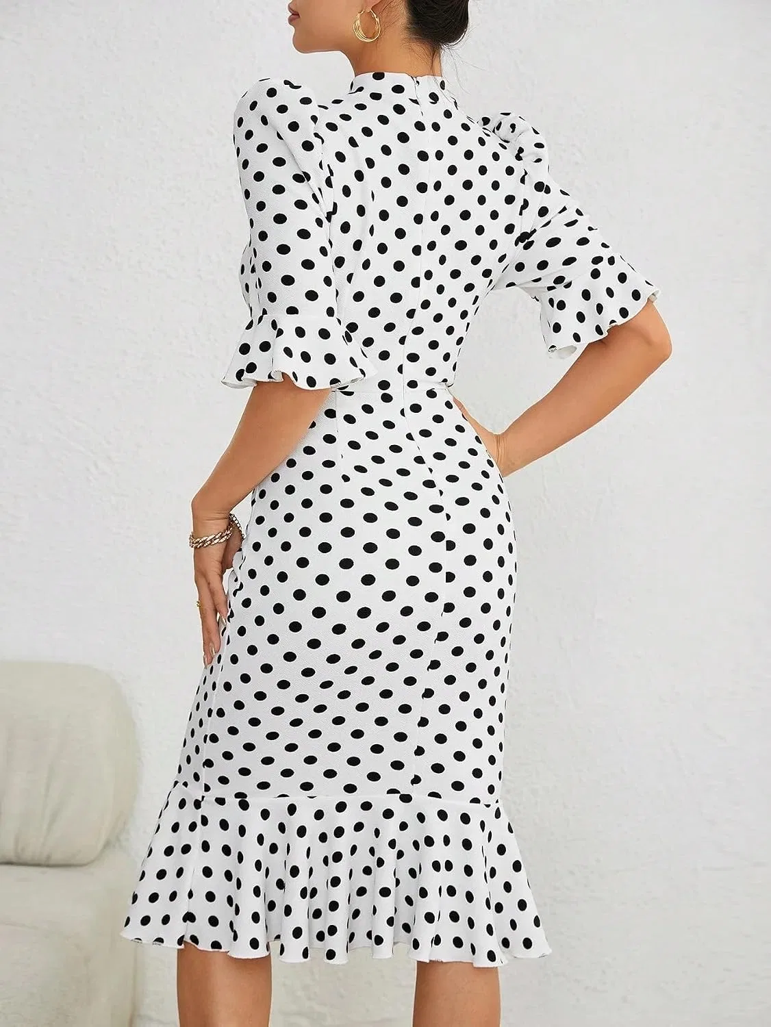Женское повседневное платье миди с воланами, Dot Sleeve Hem, White — фото 2
