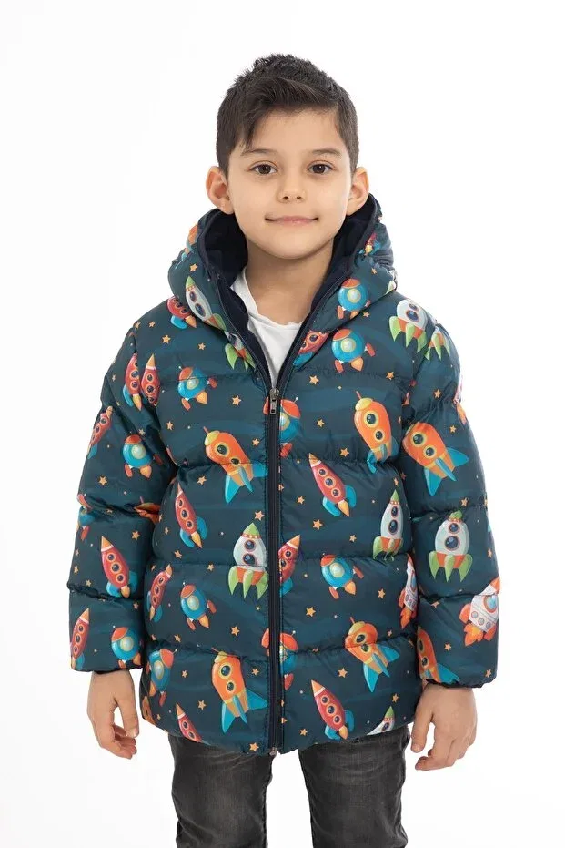 Детский зимнее пуховик для девочек с принтом Rocket Outriverkids, Navy Blue