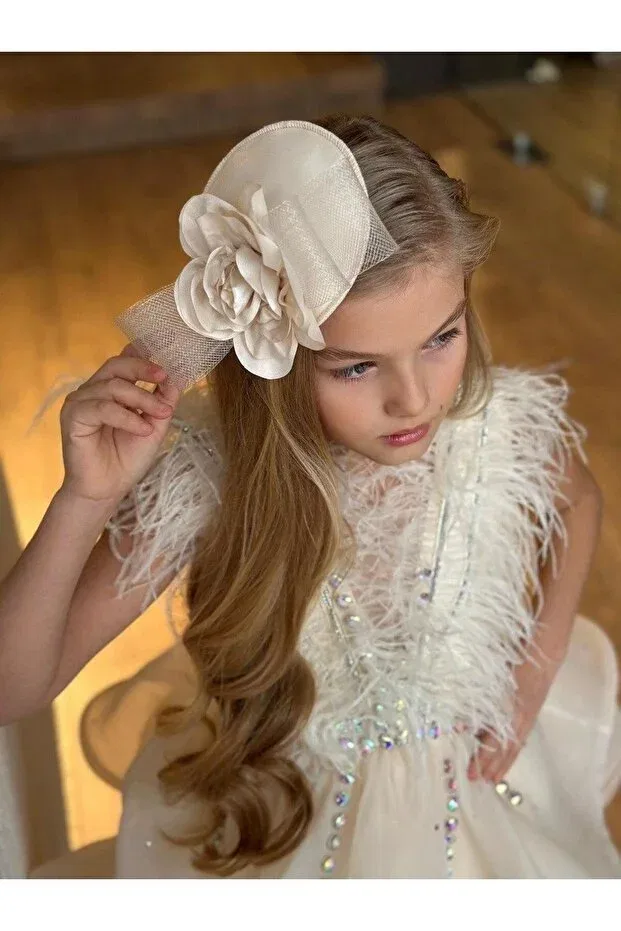 Детское вечернее платье для девочек с пайетками feathered stone embroidered layered tulle detachable tail detailed Mc Minicool, Beige