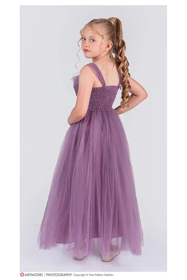 Детское платье для девочек хлопковое E.T.Ç baby stone belted ruffle detailed girl's dress Etç Baby, Dark Lilac — фото 3