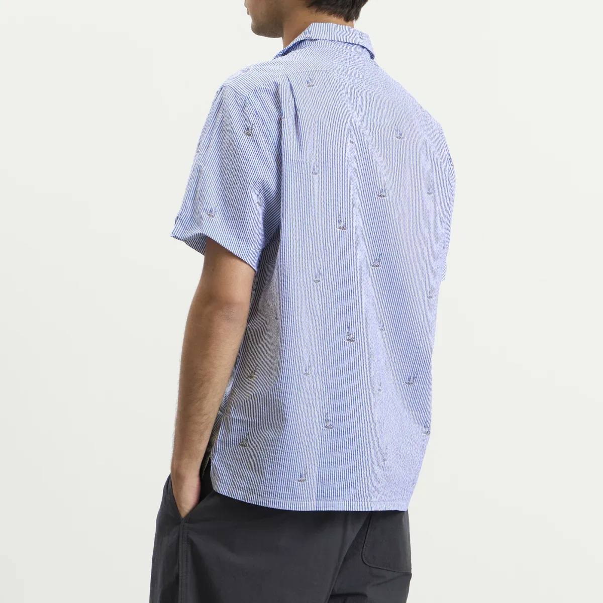 Мужская рубашка с коротким рукавом из ситца с принтом парусника Seersucker Sailboat Polo Ralph Lauren, Blue Stripe — фото 3