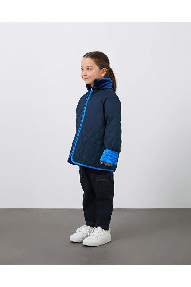 Детское пальто для девочек стеганое Velvet garni detailed quilted Manimani, Navy Blue — фото 2