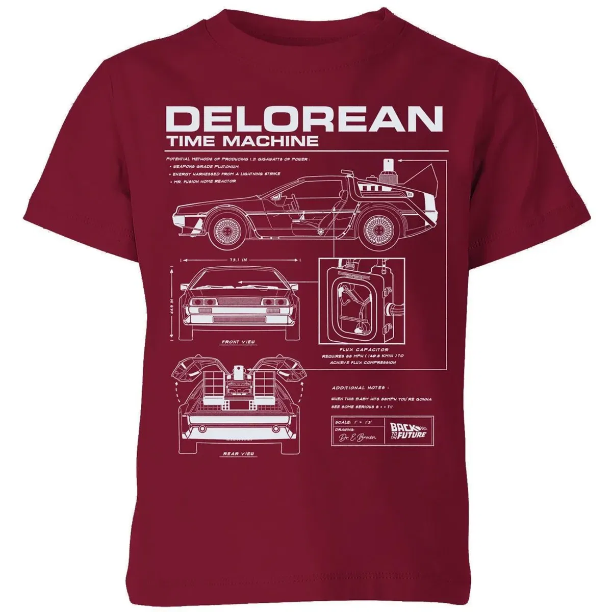 Детская футболка с принтом Back to the Future DeLorean Schematic, Zavvi, Burgundy — фото 2