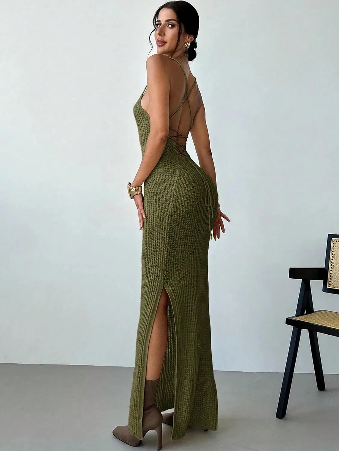 Женское облегающее платье миди с разрезом Bodycon, Army Green — фото 3
