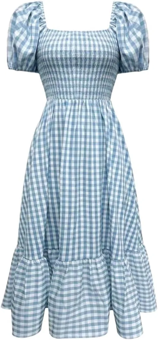 Женское платье миди с воланами и пышными рукавами, Blue and White