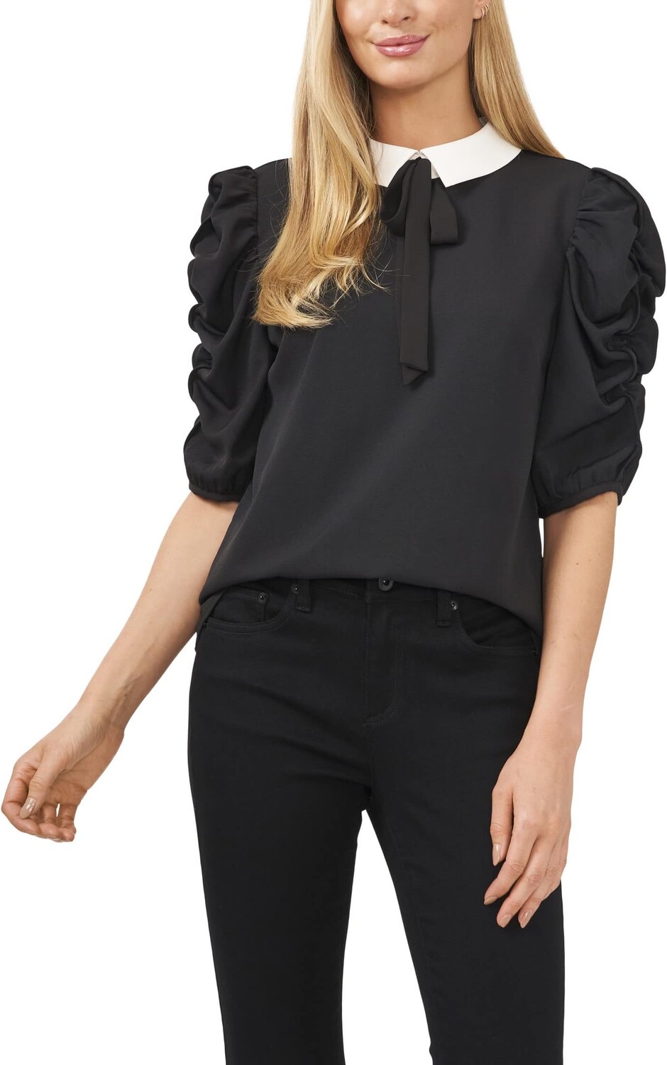 

Пуловер CeCe 3/4 Sleeve Collared Blouse w/ Ruffle Sleeve Detail, цвет Rich Black