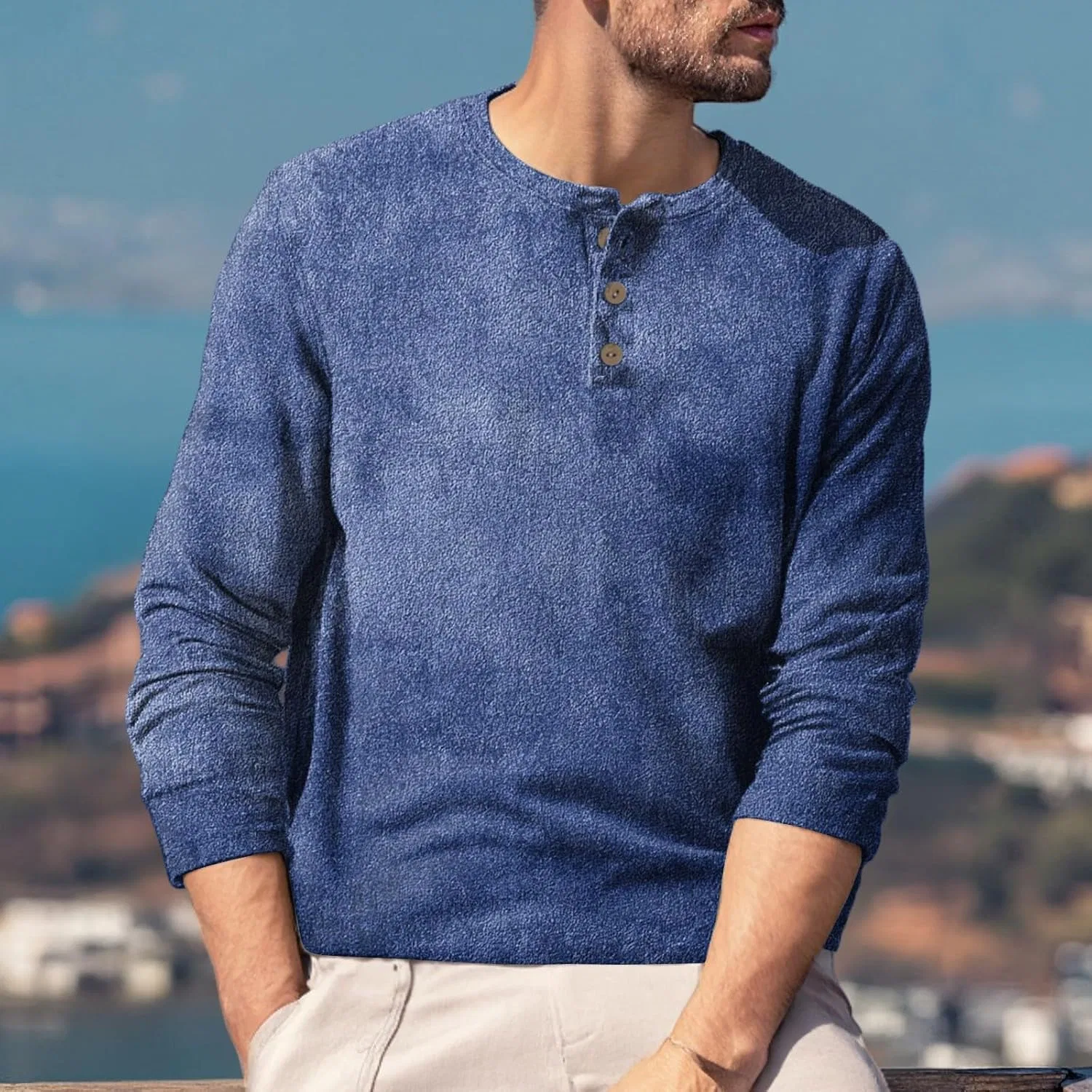 Мужская повседневная футболка с длинным рукавом и поло Henley, 3-dark Blue — фото 3