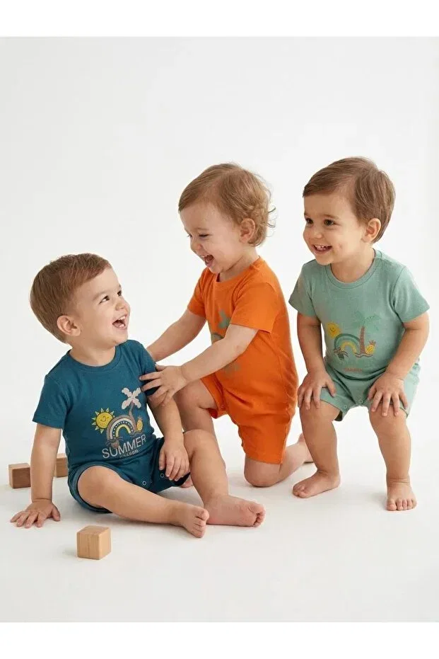 Детское боди-комбинезон с принтом Unisex baby camisole summer printed short sleeve romper 3-pack Babykugu, Turuncu-Çağla-Petrol Mavisi — фото 4