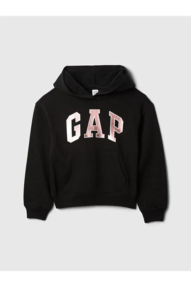 Детское худи для девочек свободного кроя с длинным рукавом Relaxed Black Logo Gap, Black