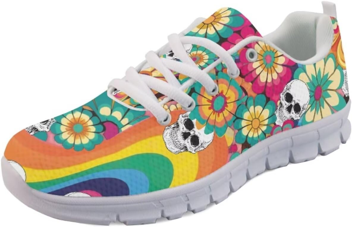

Кроссовки Forchrinse для женщин и мужчин, повседневные обувь на шнуровке, дышащие легкие теннисные кроссовки для тренировок и ходьбы, Skull Hippie Flower
