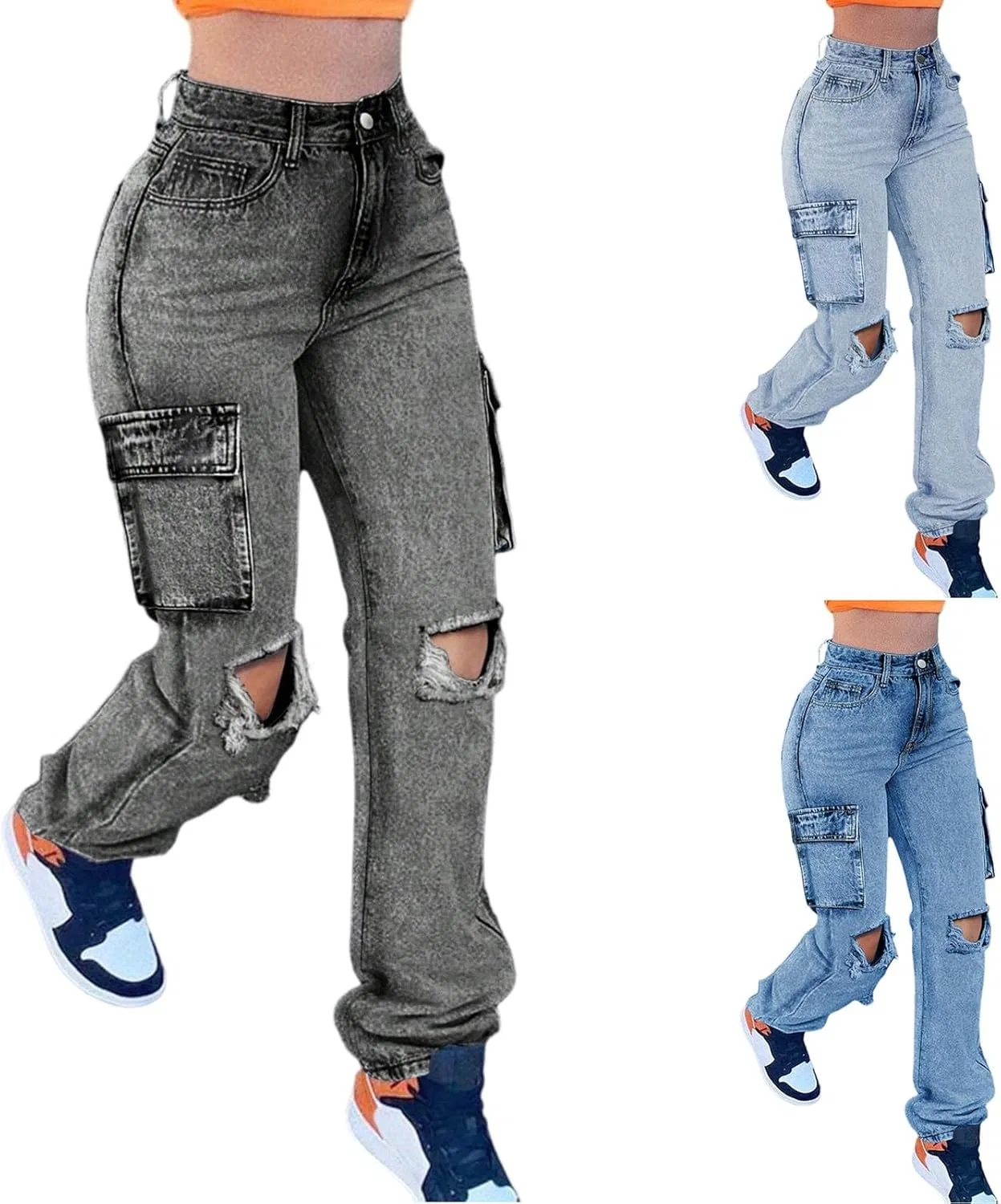 Джинсы с завышенной талией, ripped, серый