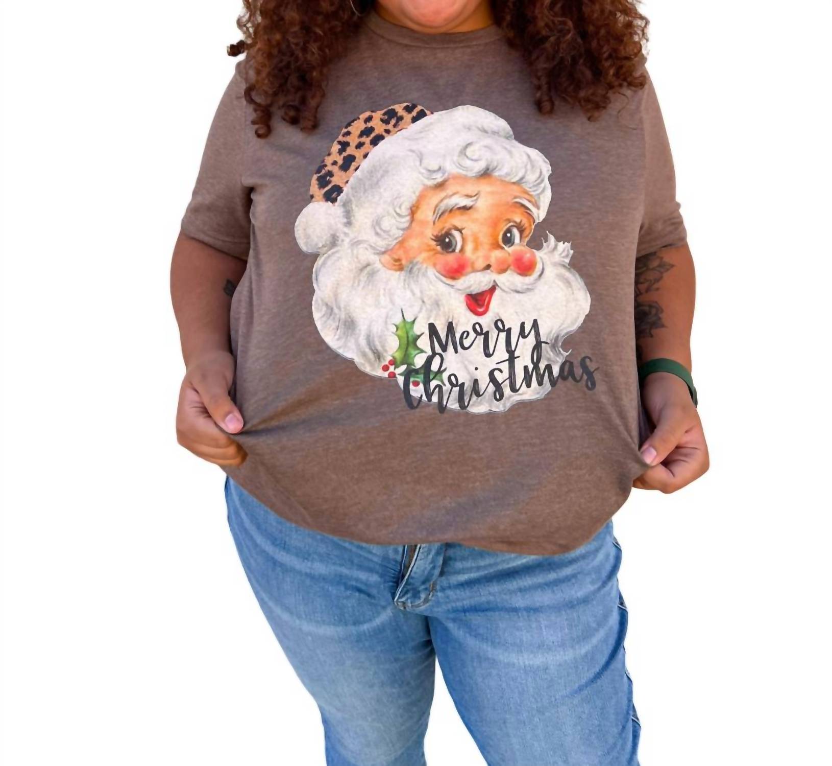 

Футболка Merry Christmas Vintage Leopard Santa Graphic Tee - Plus In Brown Kissed Apparel