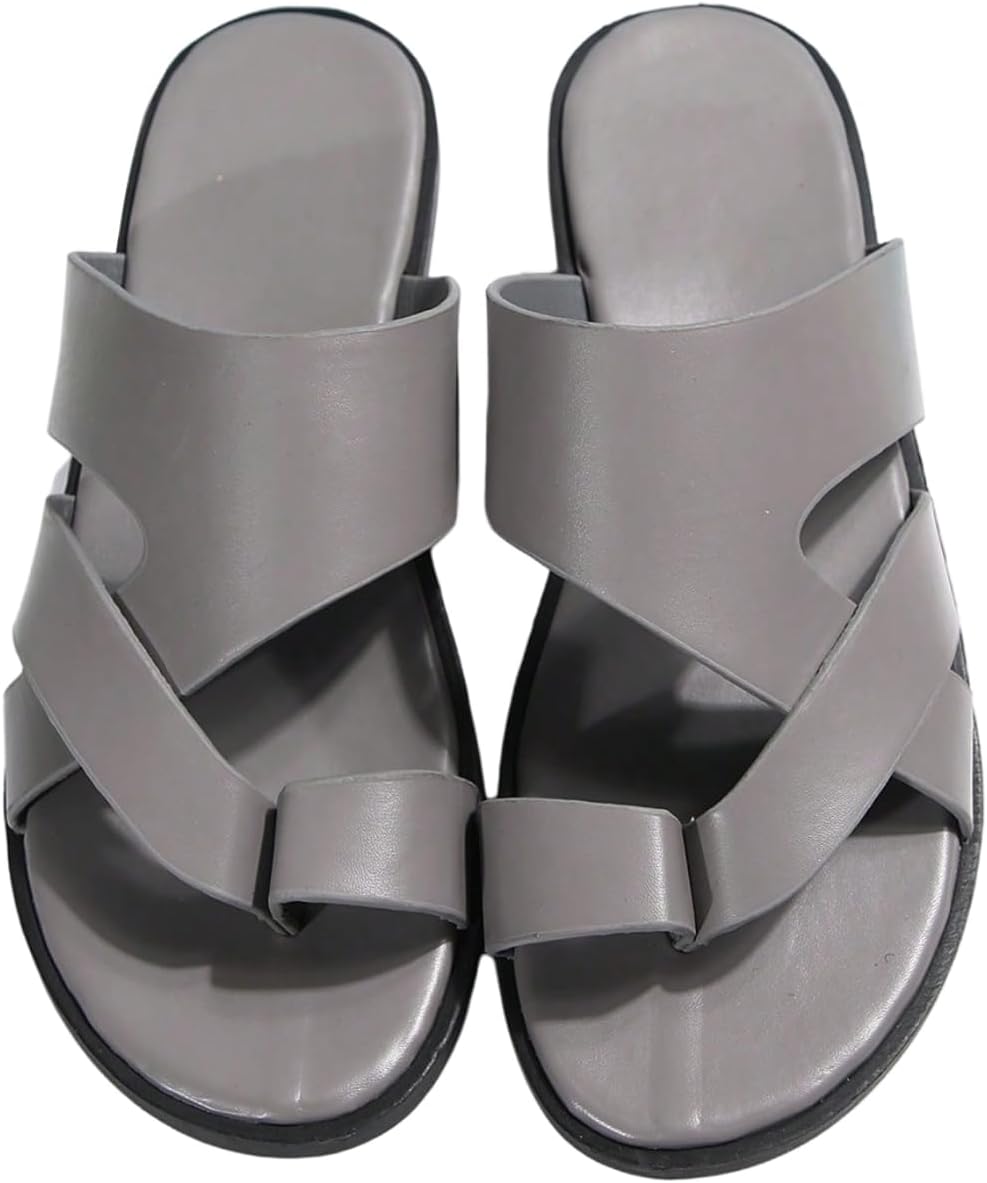 

Мужские домашние тапочки GORGLITTER кожаные сандалии 2025 года, круглые шлепанцы, слипоны из ПУ, серый