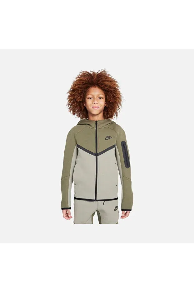 Детская для мальчиков худи с принтом Sportswear Smooth Tech Fleece Full-Zip Hooded Kids Sweatshirt Nike, Khaki