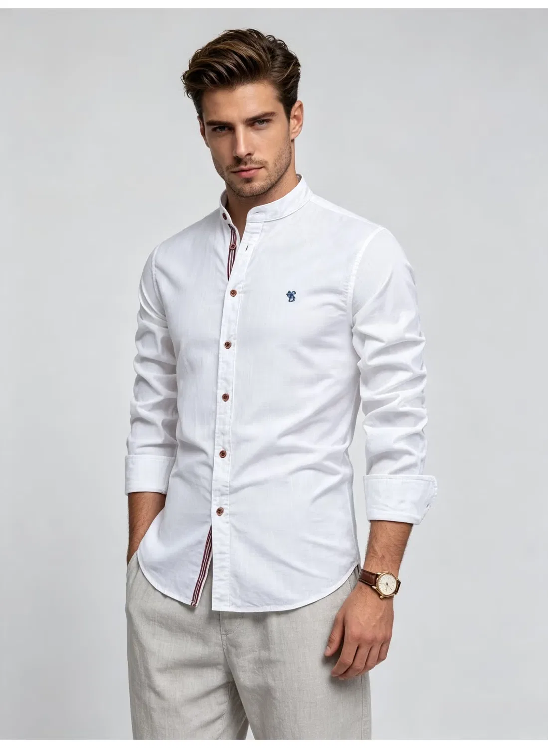 Рубашка с длинным рукавом и воротником-стойкой, хлопковая, Zara, белый — фото 3