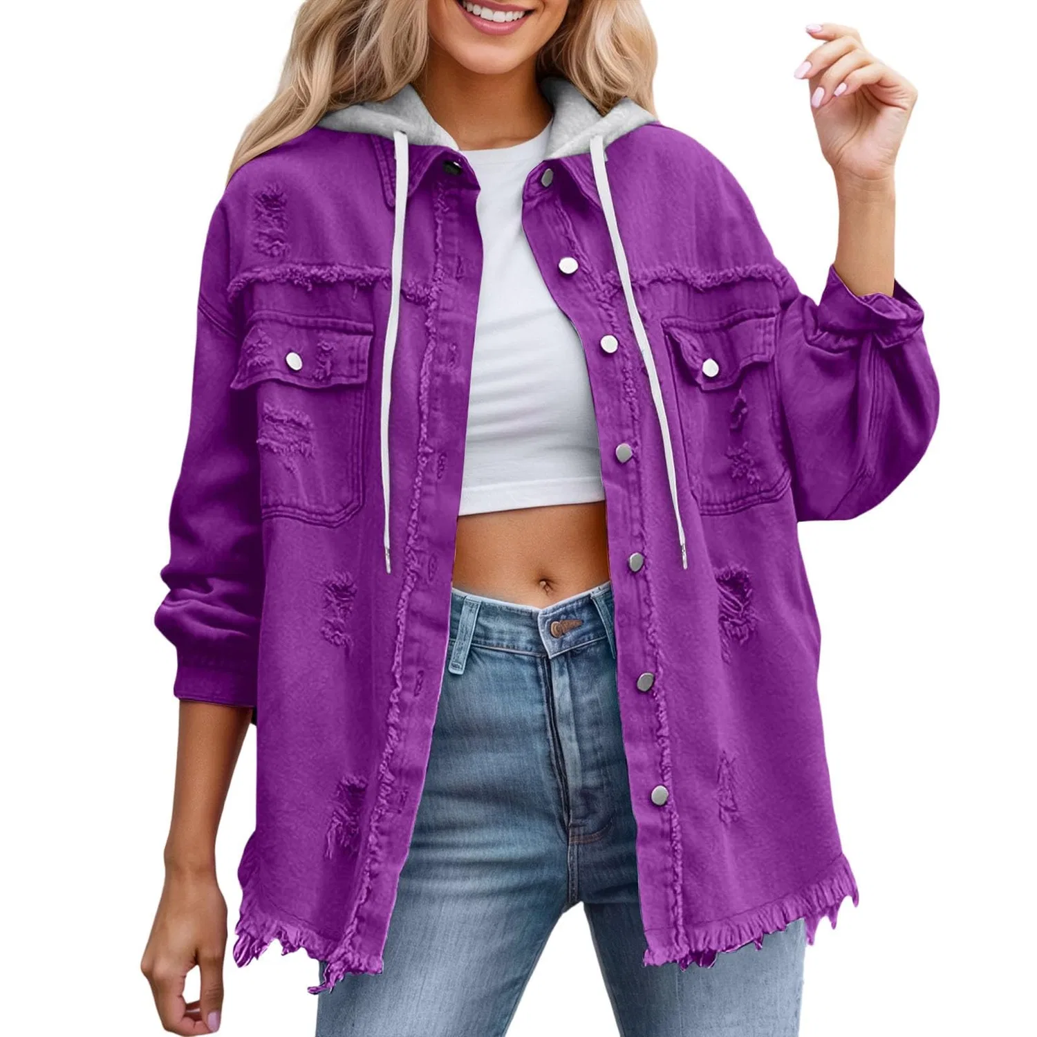 Женская джинсовая куртка oversize с капюшоном, длинным рукавом, Dark Viola
