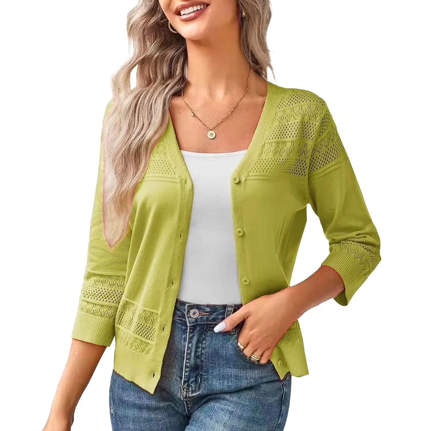 Женский кардиган с принтом 3/4 рукав, Yellow-green