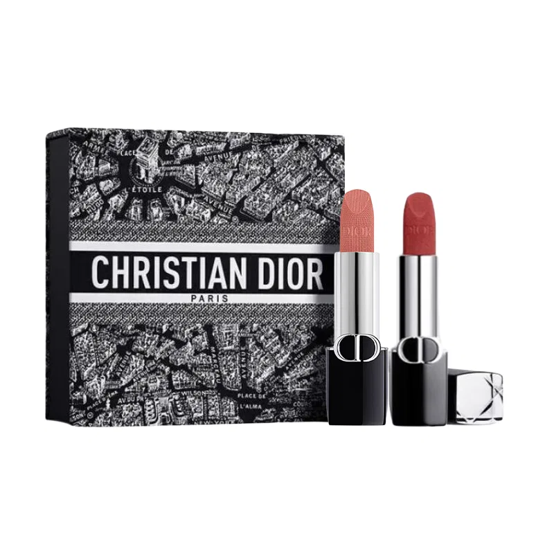 Женский набор губных помад DIOR Vivid Blue Gold Lipstick Double Pack, Paris Maps Box Limited Edition Velvet, #100 Not Makeup Almond Milk Tea 3.5g + #720 Destiny Sandalwood Nude 3.5g