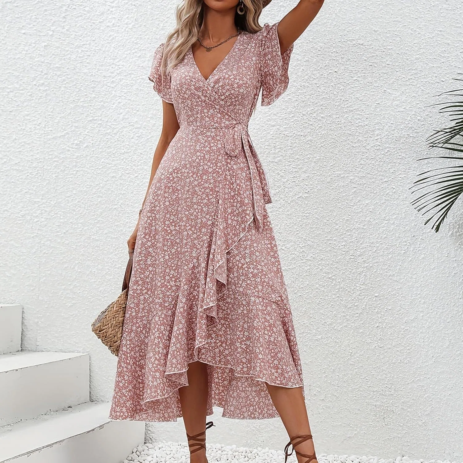 Женское летнее платье миди с цветочным принтом Wrap Dress, Pink — фото 3