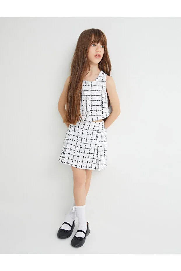 Детские шорты для девочек с принтом Tweed Shorts Skirt Plaid Elastic Waist Koton, Ecru Striped