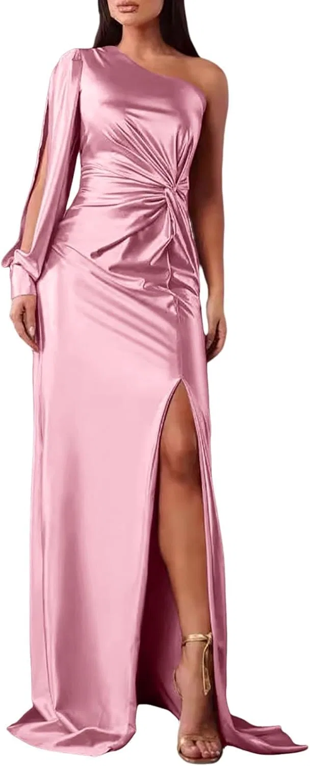 Женское вечернее платье макси с одним плечом и разрезом, Pink