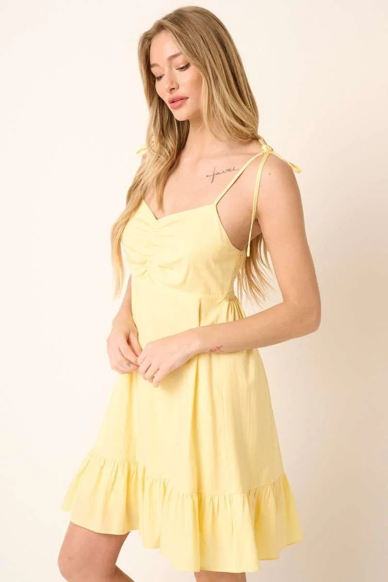 Женское мини-платье с рюшами на бретельках-спагетти, Yellow — фото 3