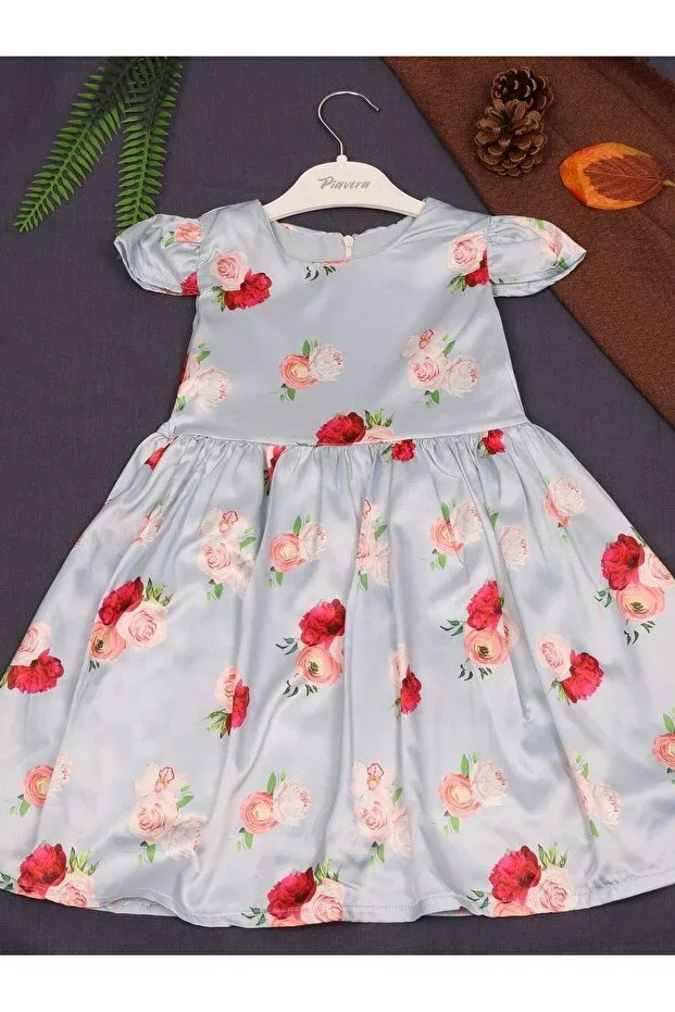 Детское платье для девочек с принтом Satin Blue Floral Dress, Craft, Colored — фото 2