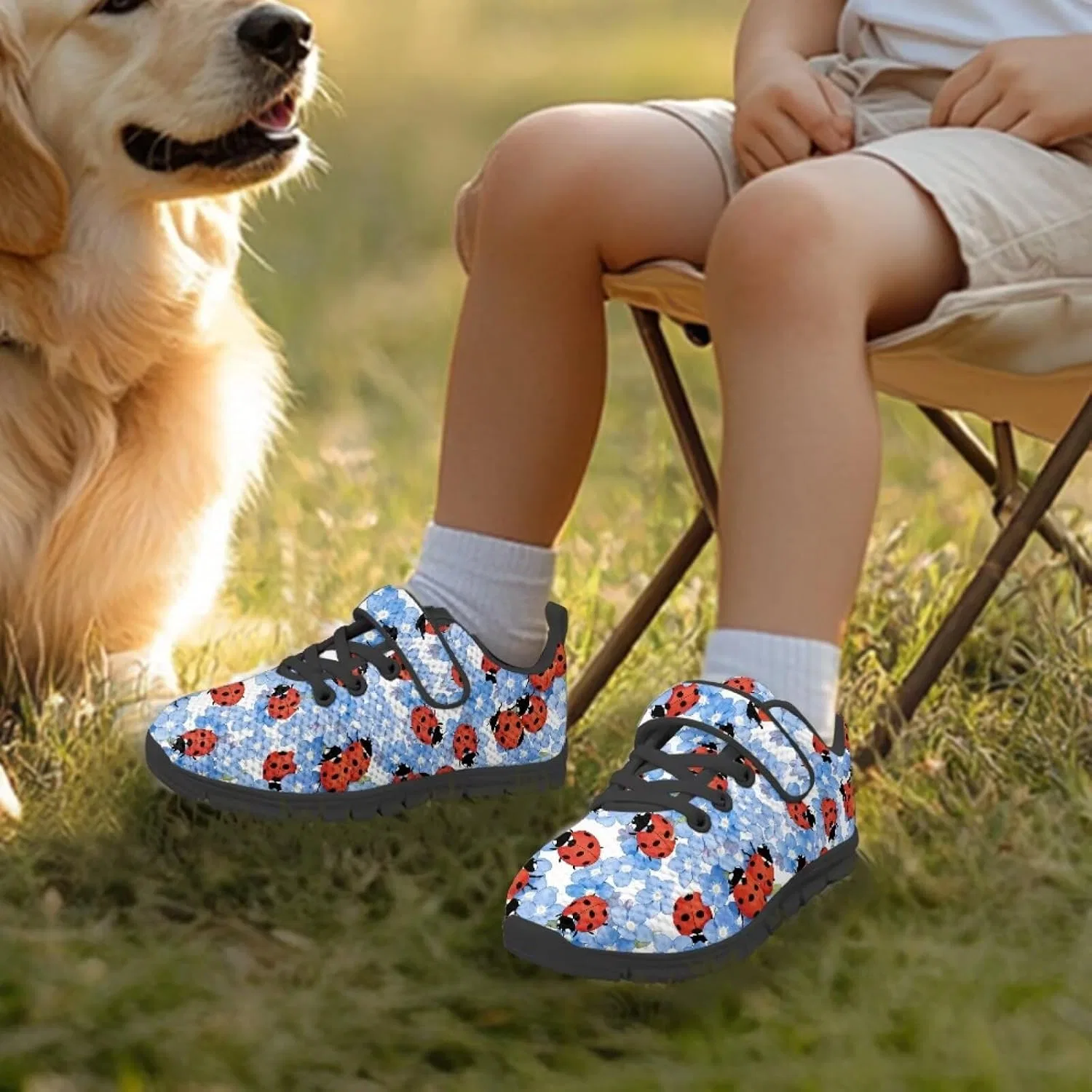Детские кроссовки для девочек с принтом Green Pickles Pointodoor, Blue Floral Ladybug Print — фото 2