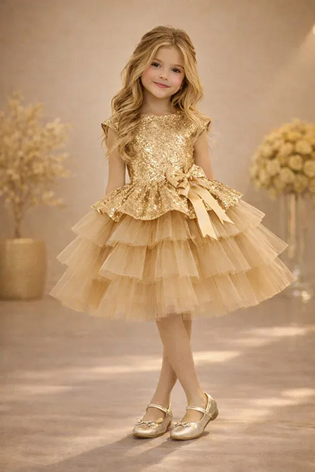 Детское платье для девочек с пайетками Rumi Kids, Gold — фото 3