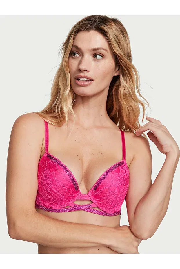 Женский бюстгальтер кружевной Shimmering Cross Strap Lace Push-Up Bra Victoria'S Secret, Hot Pink