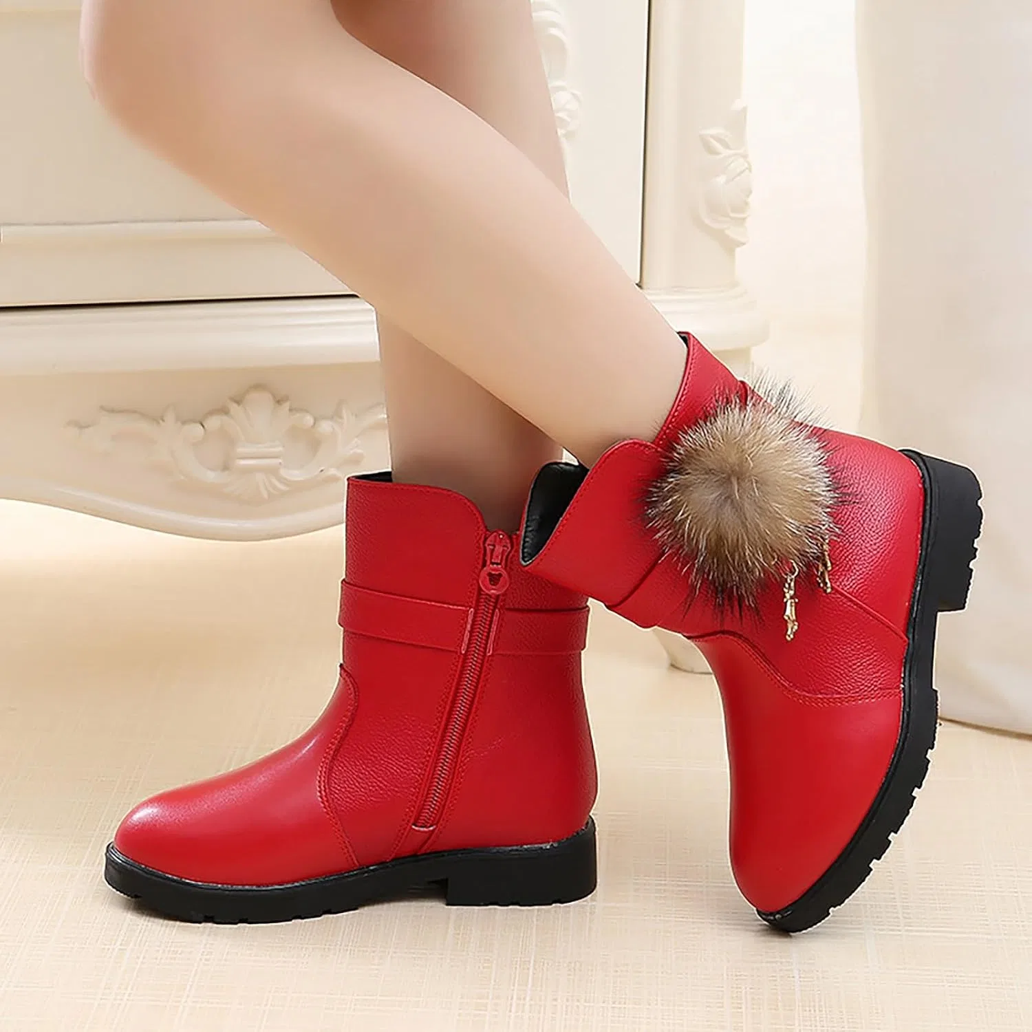 Детские ботинки для девочек с боковой молнией Princess Cute Short Boots, Red — фото 2