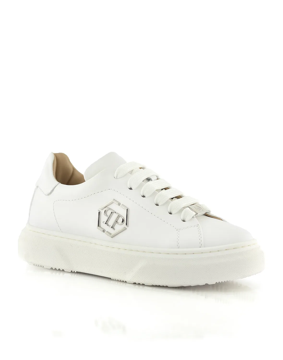 Детские кроссовки низкие на шнуровке из телячьей кожи PHILIPP PLEIN, White