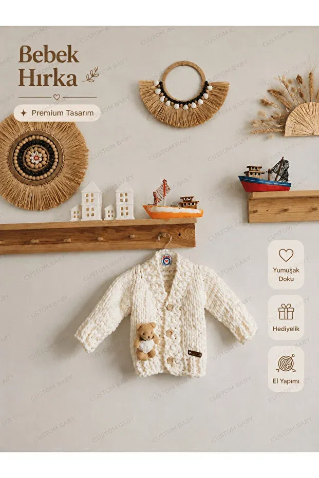 Детский кардиган с принтом Unisex baby cardigan with teddy bear detail, premium design, soft textured alize puffy El Örgüsü, White — фото 3