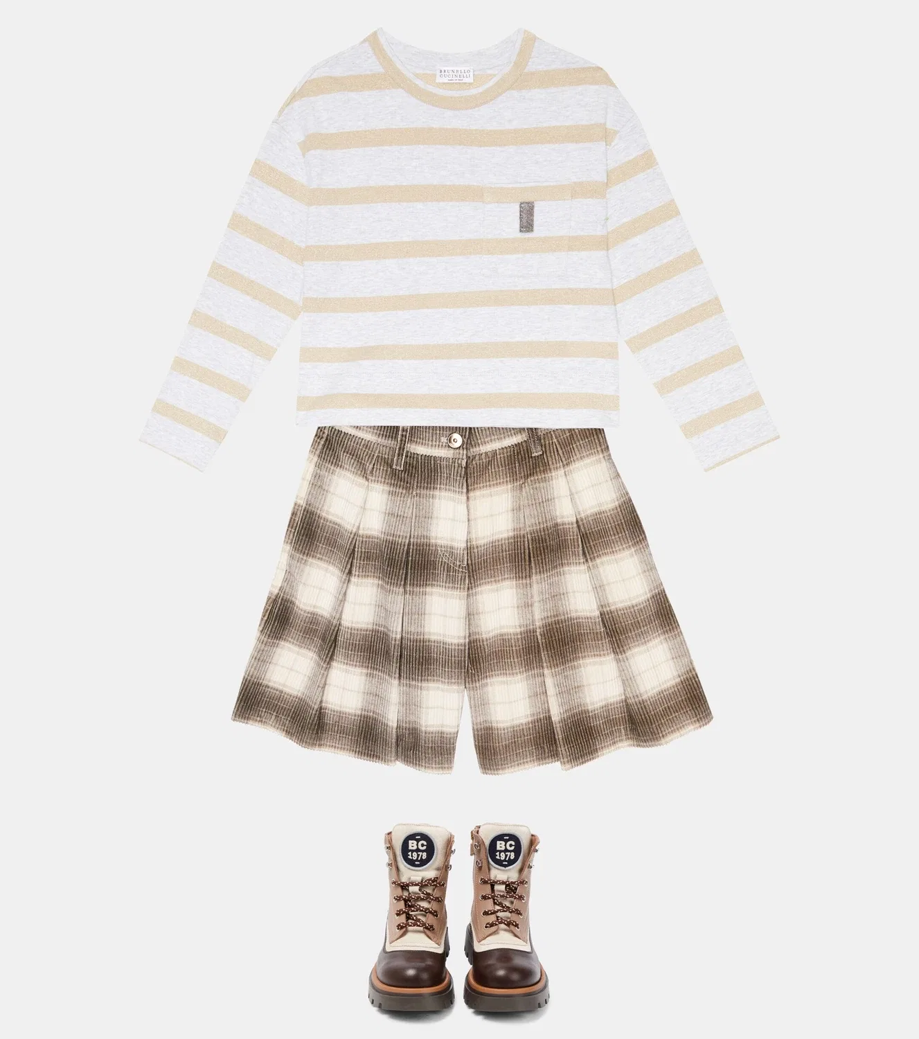 Шорты вельветовые в клетку Brunello Cucinelli Kids, коричневый — фото 2