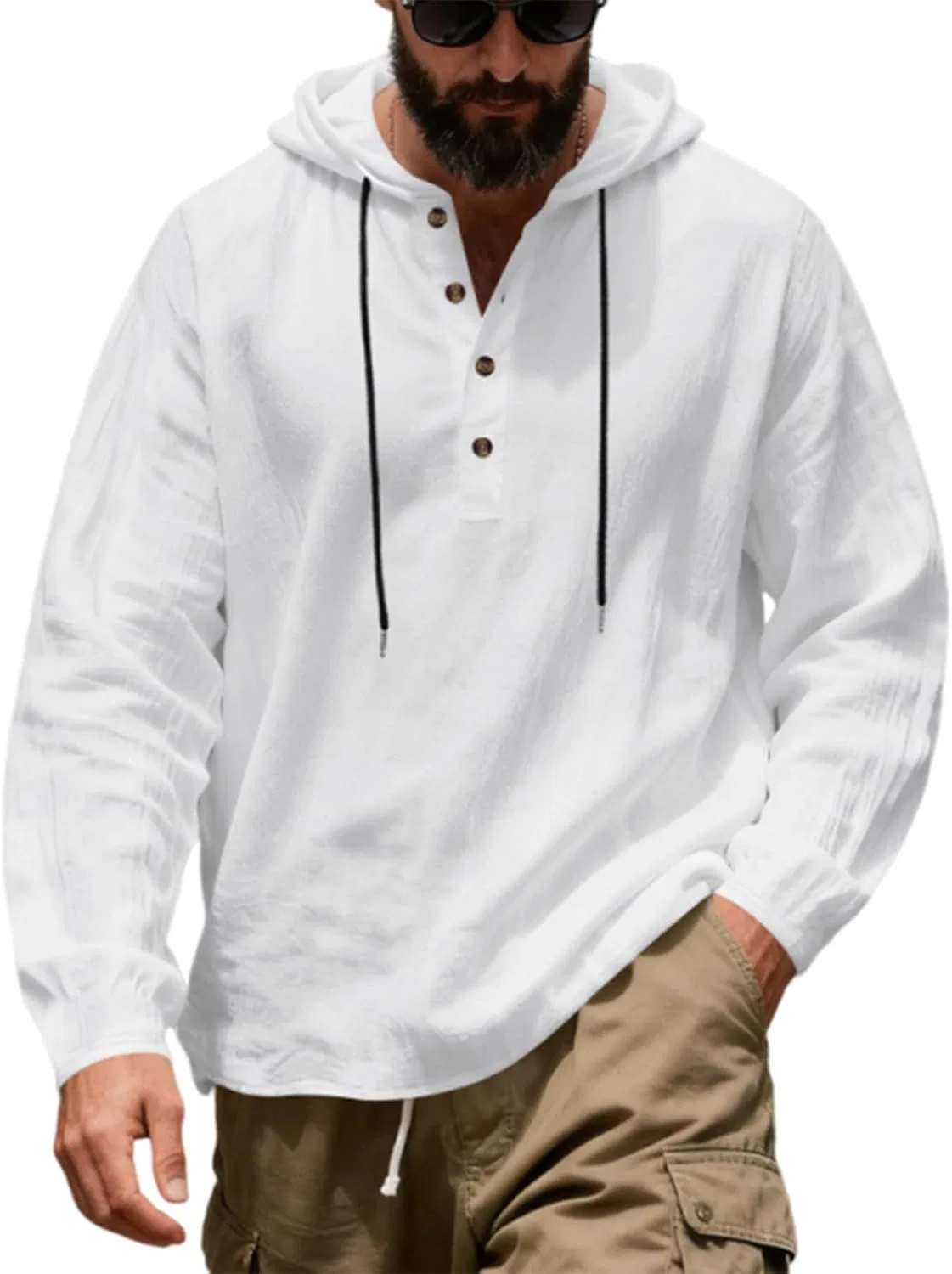 Мужская льняная рубашка с капюшоном, с длинным рукавом, Big and Tall, белый