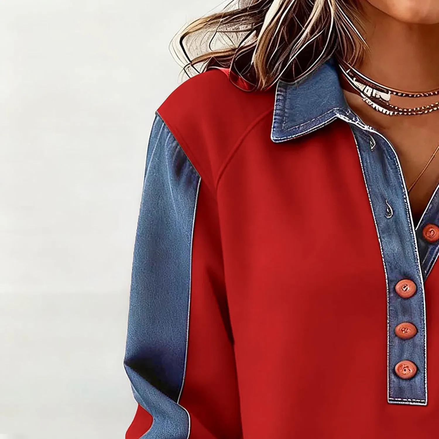 Женский джинсовый свитер с принтом Button Down, Non Lavorato A Maglia #Z02-rosso — фото 3