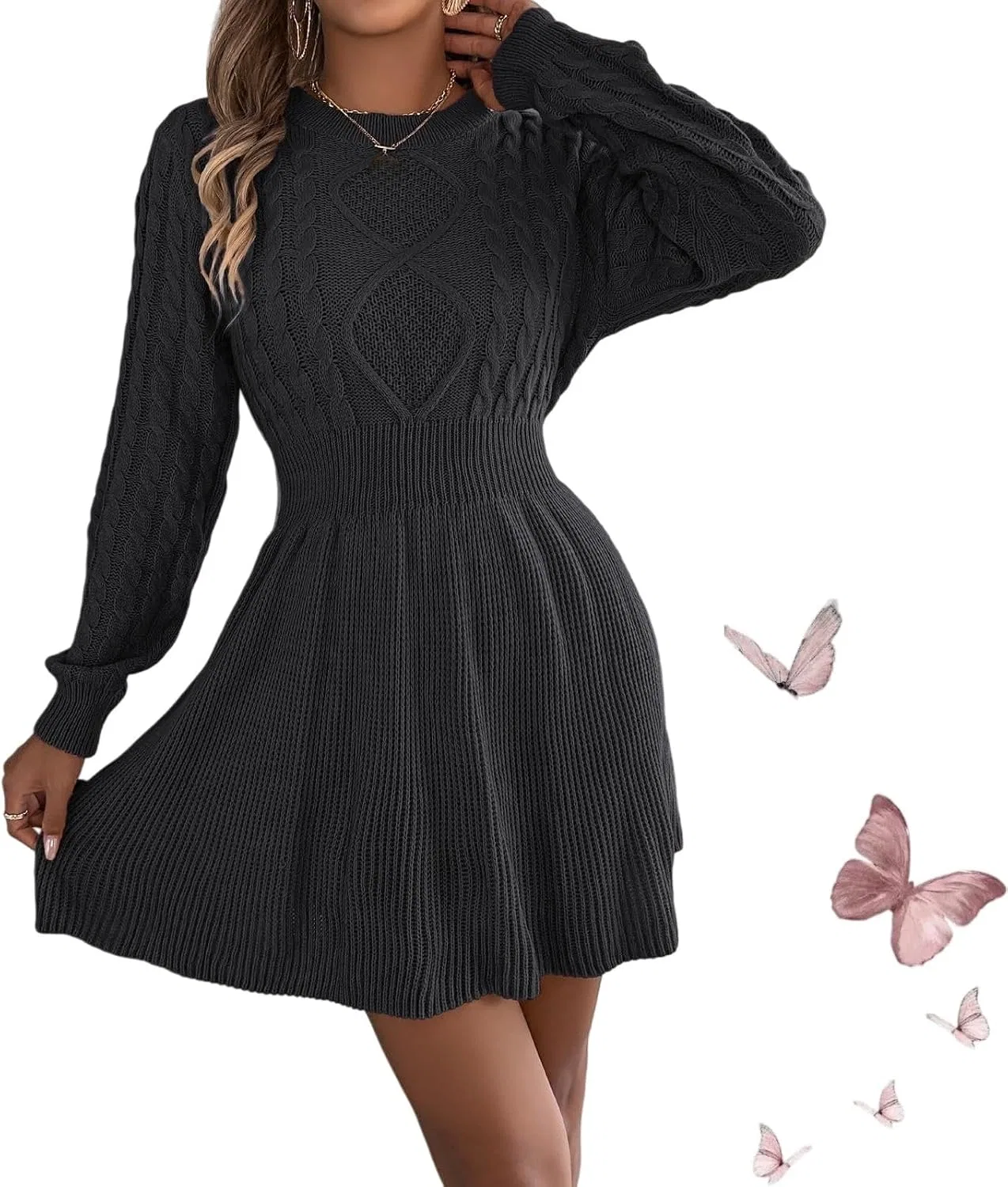 Женское мини-платье с косами, приталенное Long Sleeve Mini Sweater Dress, Black
