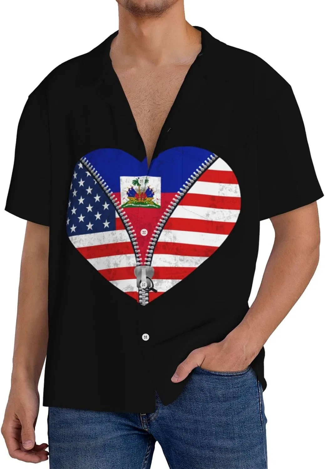 Мужская повседневная рубашка с флагами Америки и Гаити Cuba Collar, Black