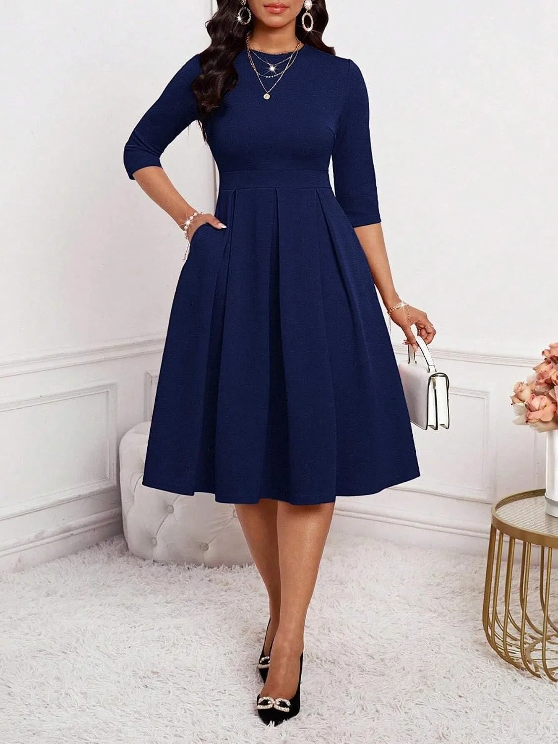 Женское элегантное платье A-силуэта с защипами, Navy Blue — фото 3
