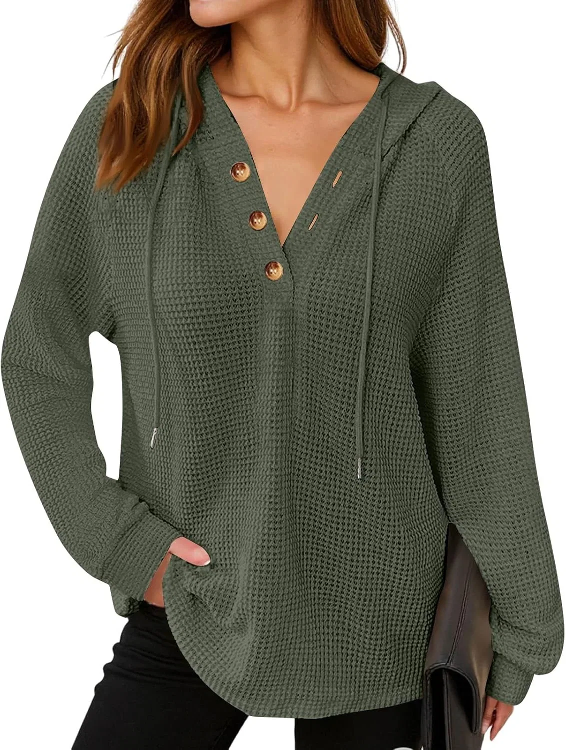 Женское худи с капюшоном, вафельный трикотаж, с пуговицами, Oversized, Plain, Comfort — фото 4