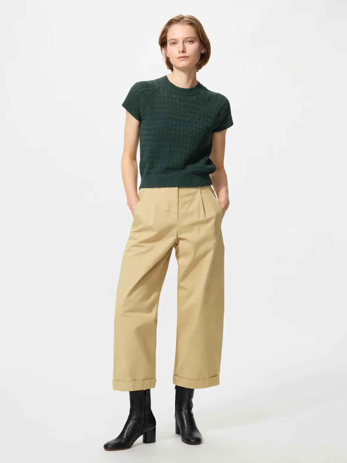 Свитер Uniqlo Льняной с круглым вырезом, темно-зеленый — фото 2