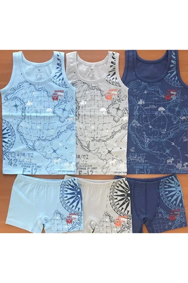 Детский комплект нижнего белья для мальчиков с принтом Map Printed Iki Yıldız, Gray-Blue-Navy Blue