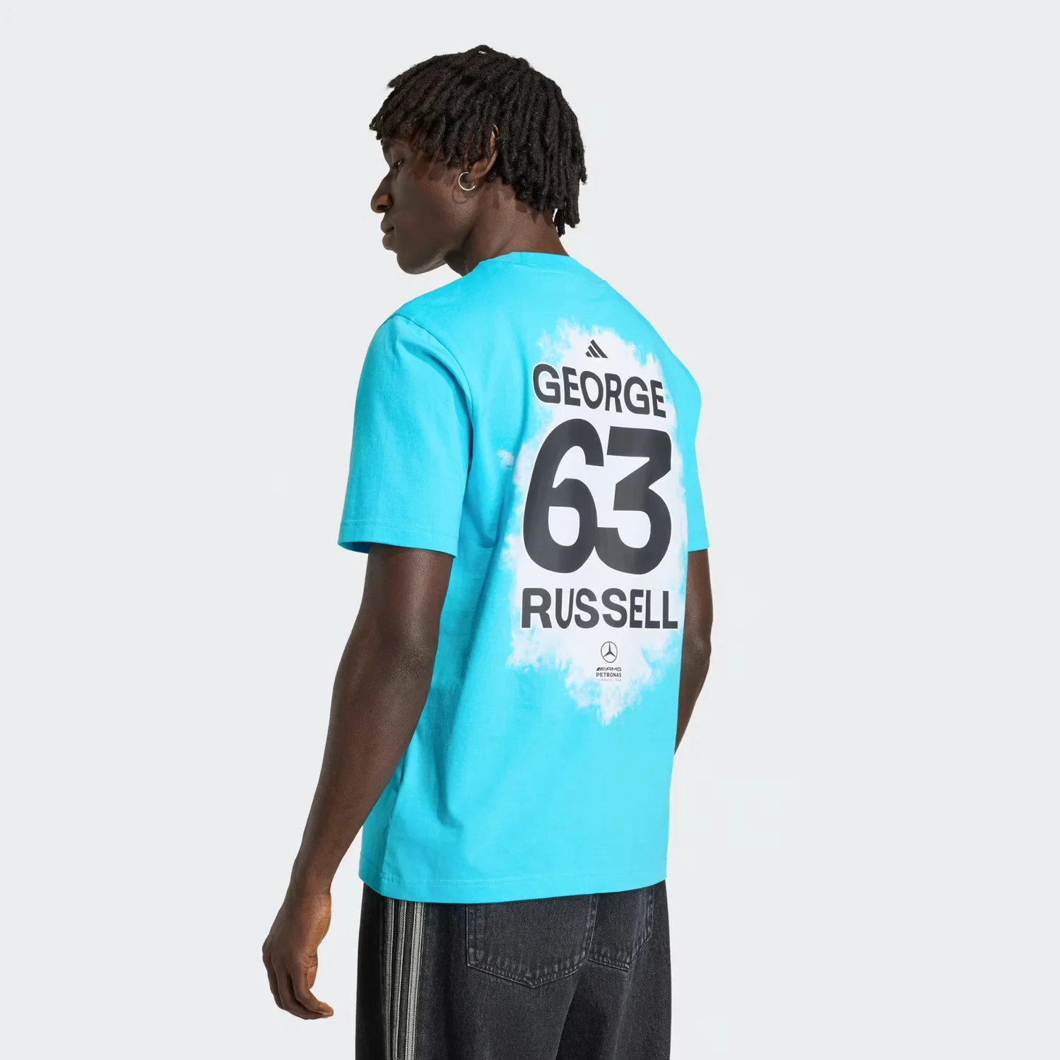 Мужская футболка с принтом Mercedes-AMG Petronas Formula 1 Team George Russell Adidas Performance, Samba Blue — фото 3