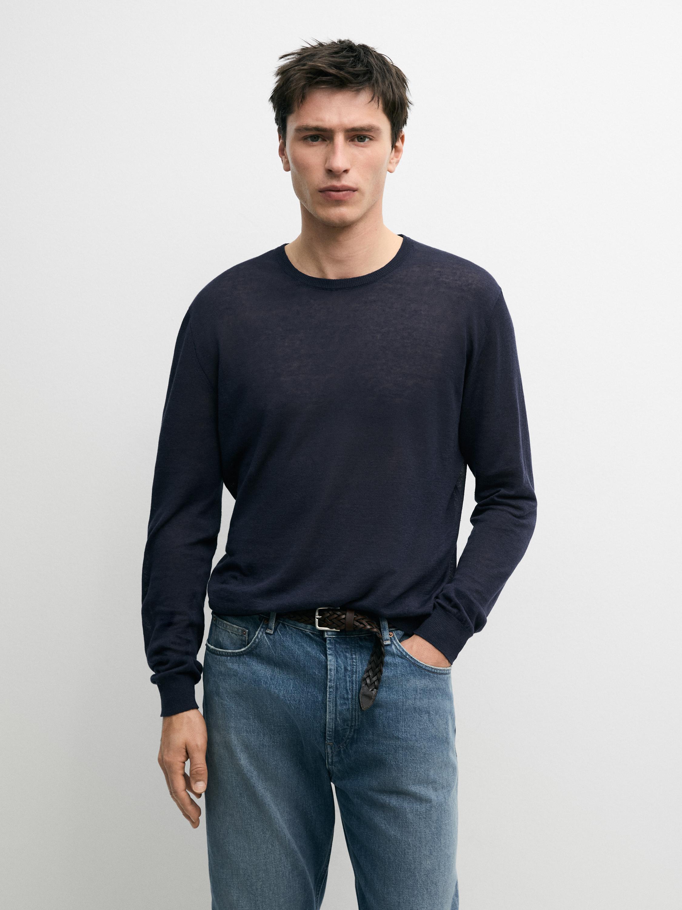 Джемпер Massimo Dutti Linen And Cashmere Knit Crew Neck, темно-синий — фото 3